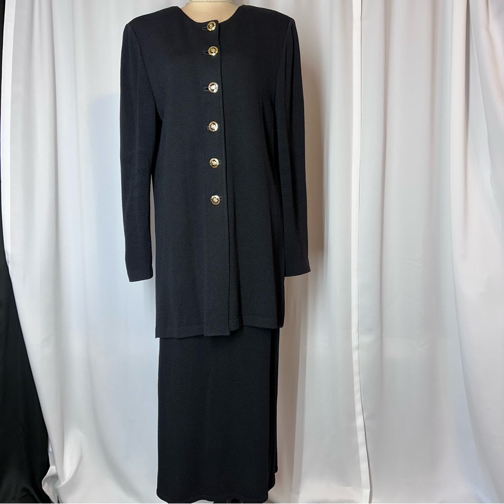 St. John Basics Black Label 2-Piece Long Skirt Suit Size L Santana‎ Knit **READ